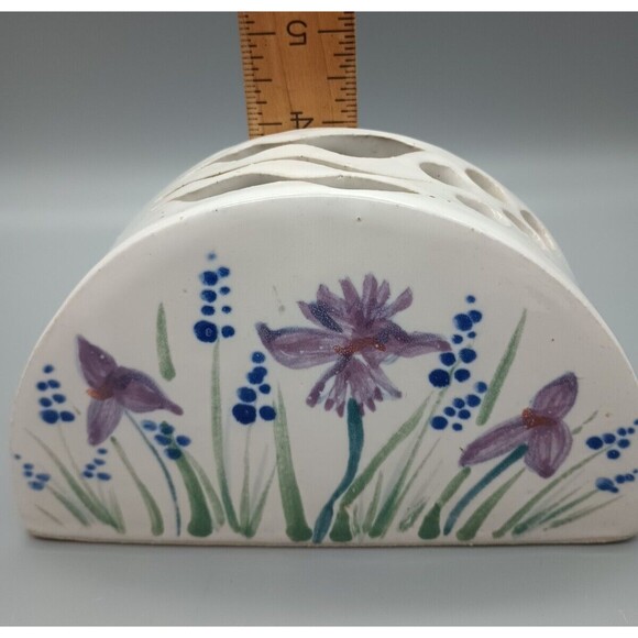 Ceramic Art Piece Vase Hand Thrown Painted Iris Floral Arrangement - Picture 8 of 9